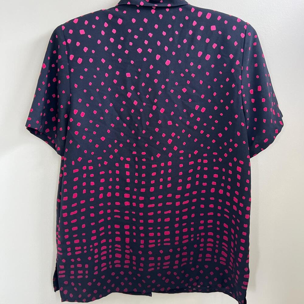 Vintage 80s black and pink polka dot women’s short sleeve blouse size 12 - Picture 2 of 5